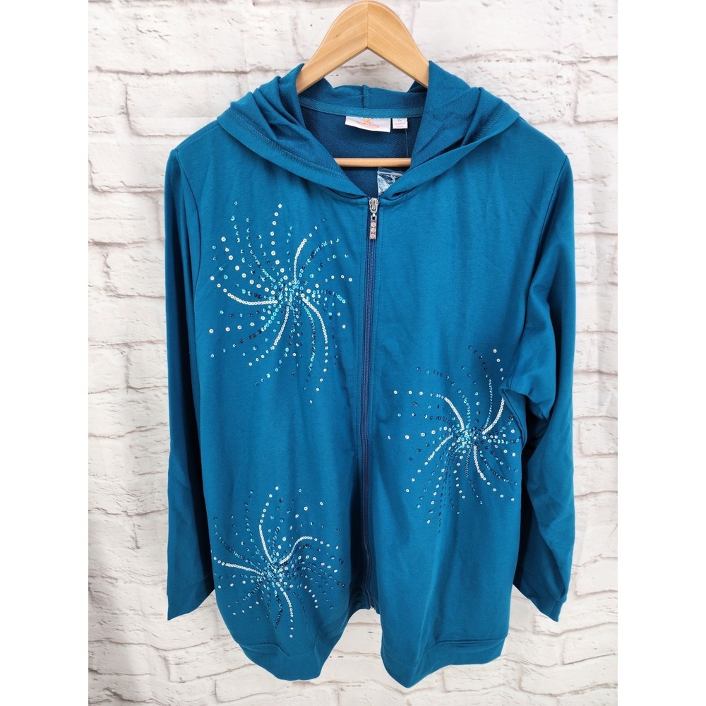 Quacker Factory Sequin Jacket Full Zip Firework Starburst Stretchy Glam Size 2X